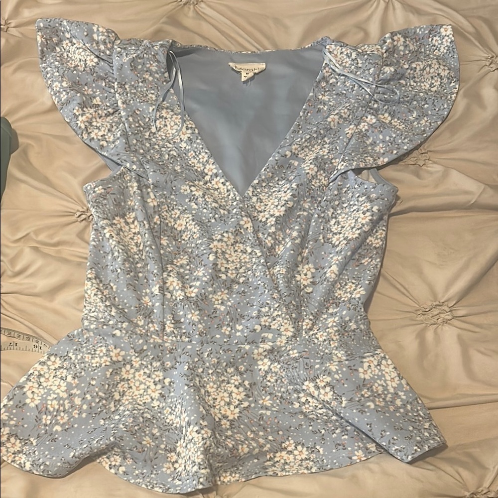 Meraki Flutter Sleeve Ruffled Blue Blouse